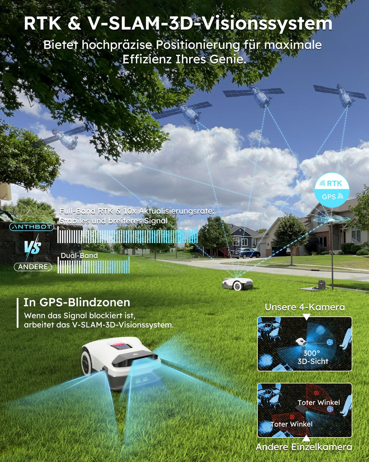 ANTHBOT Genie600 Mähroboter, ohne Begrenzungskabel, bis 900 m², RTK + 4-Kamera-Vision, Mehrzonen-Management, Hindernisvermeidung, kabellos